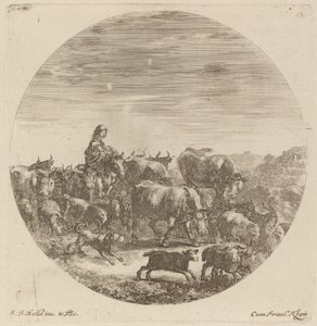 Boer zittend op een paard met koeien, schapen en geiten door Stefano della Bella