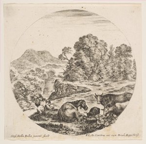 Plaat 10: een paard dat in het midden ligt, een koe en twee geiten rechts, twee zittende herders..., ca. 1646 door Stefano della Bella