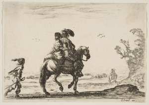 Plaat 10: een ruiter en een vrouw, van achteren gezien, rijdend naar rechts met een jong..., 1642 door Stefano della Bella
