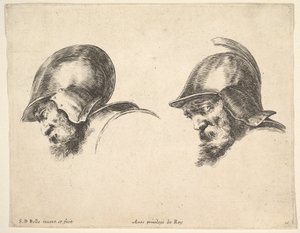 Plaat 10: twee hoofden van oude soldaten met helmen, beide naar links kijkend door Stefano della Bella