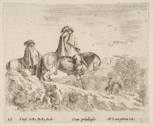 Plaat 10: twee ruiters dalen een berg af links, een andere ruiter rechts... door Stefano della Bella