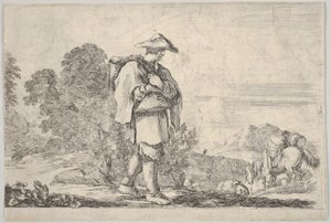 Plaat 11: een boer met een hoed in het midden, lopend naar rechts, een paard afdalend, ca. 1641