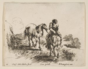 Plaat 11: een jonge ruiter, gezien van voren, leidend een ander paard, uit Diverse... door Stefano della Bella