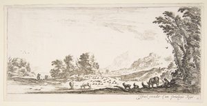 Plaat 11: herderin zittend naar rechts onder een boom, kijkend naar haar kudde naar links, ca. 1641 door Stefano della Bella