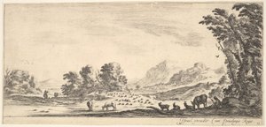 Plaat 11: herderin zittend rechts onder een boom, kijkend naar haar kudde links, ca. 1641 door Stefano della Bella