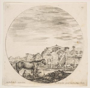 Plaat 12: een herder die op de grond slaapt aan de rechterkant, drie paarden aan de linkerkant, andere paarden..., ca. 1646 door Stefano della Bella