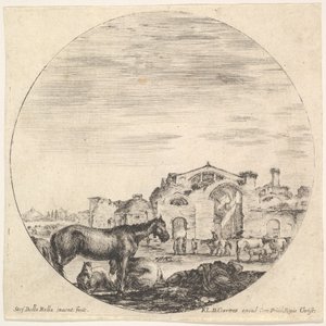 Plaat 12: een herder die op de grond slaapt naar rechts, drie paarden naar links, andere h... (ca. 1643-48)