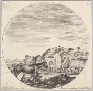 Plaat 12: een herder slapend op de grond naar rechts, drie paarden naar links, andere, ca. 1643-48 door Stefano della Bella