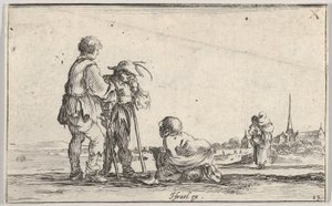Twee boeren staand naar links, een kreupele knielend op de grond in het midden door Stefano della Bella