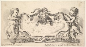 Plaat 17: een cartouche met een marmeren centrum, een kind aan weerszijden die een slinger vasthouden..., 1646 door Stefano della Bella