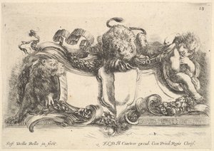 Plaat 18: een cartouche met een leeg wapen, twee leeuwinnen, één links en één in het midden, 1646 door Stefano della Bella