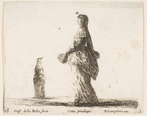Plaat 18: een edelvrouw die naar links loopt met een gevederde waaier, een andere vrouw, ca. 1644-47