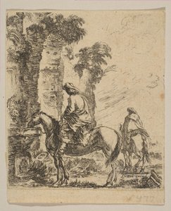 Landschap met een ruiter die zijn paard bij een fontein water geeft, uit Various fi..., ca. 1646 door Stefano della Bella