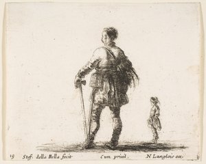 Een Poolse edelman in hofkleding, staand in het midden, van achteren gezien door Stefano della Bella