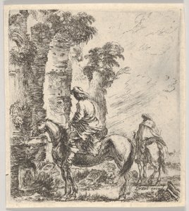 Ruiter die zijn paard laat drinken uit een fontein, ca. 1646 door Stefano della Bella