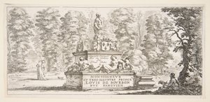 Plaat 1: een monument met beelden en een wapenschild in het midden, een tekenaar door Stefano della Bella