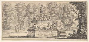 Plaat 1: een monument met beelden en een wapenschild in het midden, een tekenaar op de..., ca. 1641 door Stefano della Bella