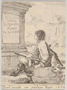 Plaat 1: een jonge man zittend op een steen, naar links in profiel, met een tekenblok..., 1650 door Stefano della Bella
