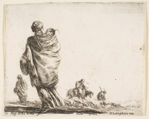 Plaat 21: een arme vrouw links, gezien van achteren, die haar kind in een sjaal wikkelt, ca. 1644-47 door Stefano della Bella