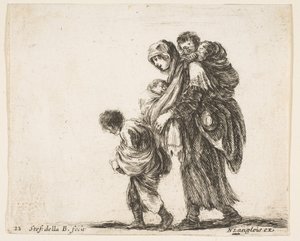 Plaat 22: een bedelares met drie kinderen, een kind op haar schouders, ca. 1644-47 door Stefano della Bella