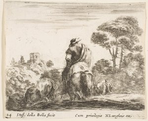 Plaat 24: herder te paard, gezien van achteren, leidt zijn vee een heuvel af, ca. 1644-47 door Stefano della Bella