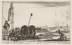 Plaat 2: Een kanon naar links, een stad op de achtergrond, uit Diverse Militaire Capriccio