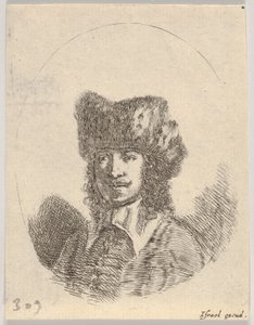 Plaat 2: hoofd van een man met snor en bontmuts naar links, een ovale compositie, 1650
