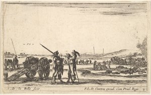 Plaat 3: Een officier geeft bevelen aan een soldaat op de voorgrond, kanon links