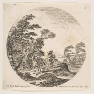 Plaat 3: een storm in het bos, twee ruiters gewikkeld in hun mantels, met de wind blo..., ca. 1646 door Stefano della Bella