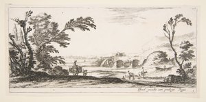 Plaat 3: twee ruiters steken een rivier over naar rechts, een vrouw met twee manden bovenop een ezel..., ca. 1641