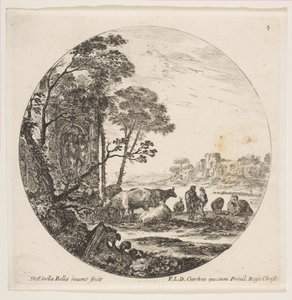 Corinthisch kapiteel op de grond links, een monument met figuren in reliëf, ca. 1646 door Stefano della Bella