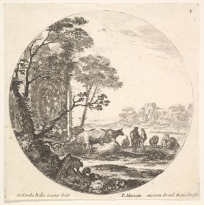 Plaat 4: een Korinthisch kapiteel op de grond naar links op de voorgrond, een monument, ca. 1643-48 door Stefano della Bella