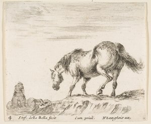 Plaat 4: een paard in profiel naar links, op het punt om van een heuvel af te dalen, een paard..., ca. 1644-47
