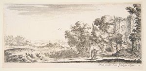 Twee pelgrims die ruïnes observeren naar rechts, een wijst naar rechts, een herder..., ca. 1641