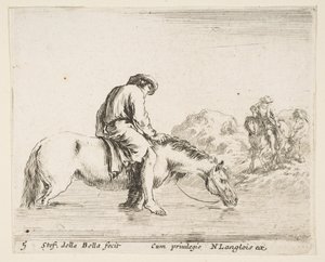 Plaat 5: een blootsvoetse boer te paard die een rivier oversteekt, een andere boer te paard..., ca. 1644-47 door Stefano della Bella