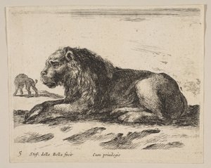 Plaat 5: liggende leeuw, uit Diverse dieren Diversi animali, ca. 1641 door Stefano della Bella