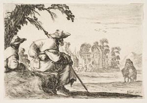 Plaat 5: twee pelgrims met hoeden rusten links, gezien van achteren, een ruiter rijdt naar door Stefano della Bella