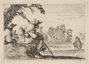 Twee pelgrims met hoeden rusten links, gezien van achteren, een ruiter rijdt naar voren, 1642 door Stefano della Bella