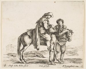 Plaat 6: een boer te paard in profiel naar rechts, met een mand