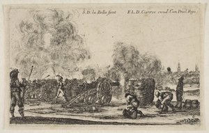 Plaat 6: batterij kanonnen die op een stad vuren, uit Diverse militaire caprices Varii, ca. 1641 door Stefano della Bella