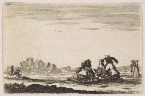 Plaat 7: Twee edellieden zittend in het midden, gezien van achteren, in gesprek met een edelvrouw, 1642 door Stefano della Bella
