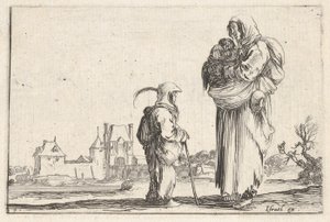 Blad 7: een boerin die een kind naar rechts draagt, pratend met een ander kind dat staat..., ca. 1642 door Stefano della Bella