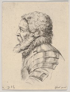 Plaat 7: buste van een bebaarde soldaat in harnas, naar links kijkend in profiel, uit Diverse hoofden..., 1650 door Stefano della Bella
