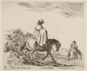Plaat 8: een ruiter daalt een rivieroever af, een andere ruiter in de rivier rechts, uit door Stefano della Bella