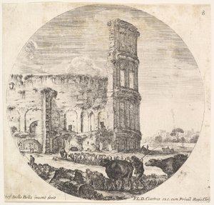 Plaat 8: het Colosseum, twee kuddes worden naar het amfitheater geleid..., ca. 1643-48 door Stefano della Bella