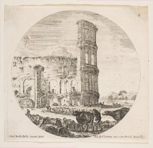 Plaat 8: het Colosseum, twee kuddes worden naar het amfitheater geleid op de voorgrond, ca. 1646 door Stefano della Bella