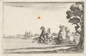 Plaat 8: twee ruiters met hoeden rechts, elk met een vrouw achter hen zittend, rijdend, ca. 1642