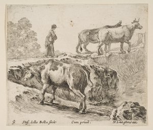 Plaat 9: een koe die een oever opgaat, een boerin leidt twee koeien over een brug, ca. 1644-47