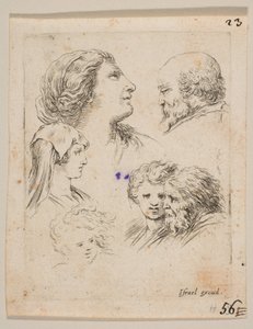 Plaat 9: vijf hoofden, twee jonge vrouwen links, een bebaarde man rechtsboven, een jonge vrouw..., ca. 1649 door Stefano della Bella