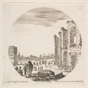 Plaat 9: de Boog van Constantijn links, een deel van het Colosseum rechts, verschillende paarden door Stefano della Bella